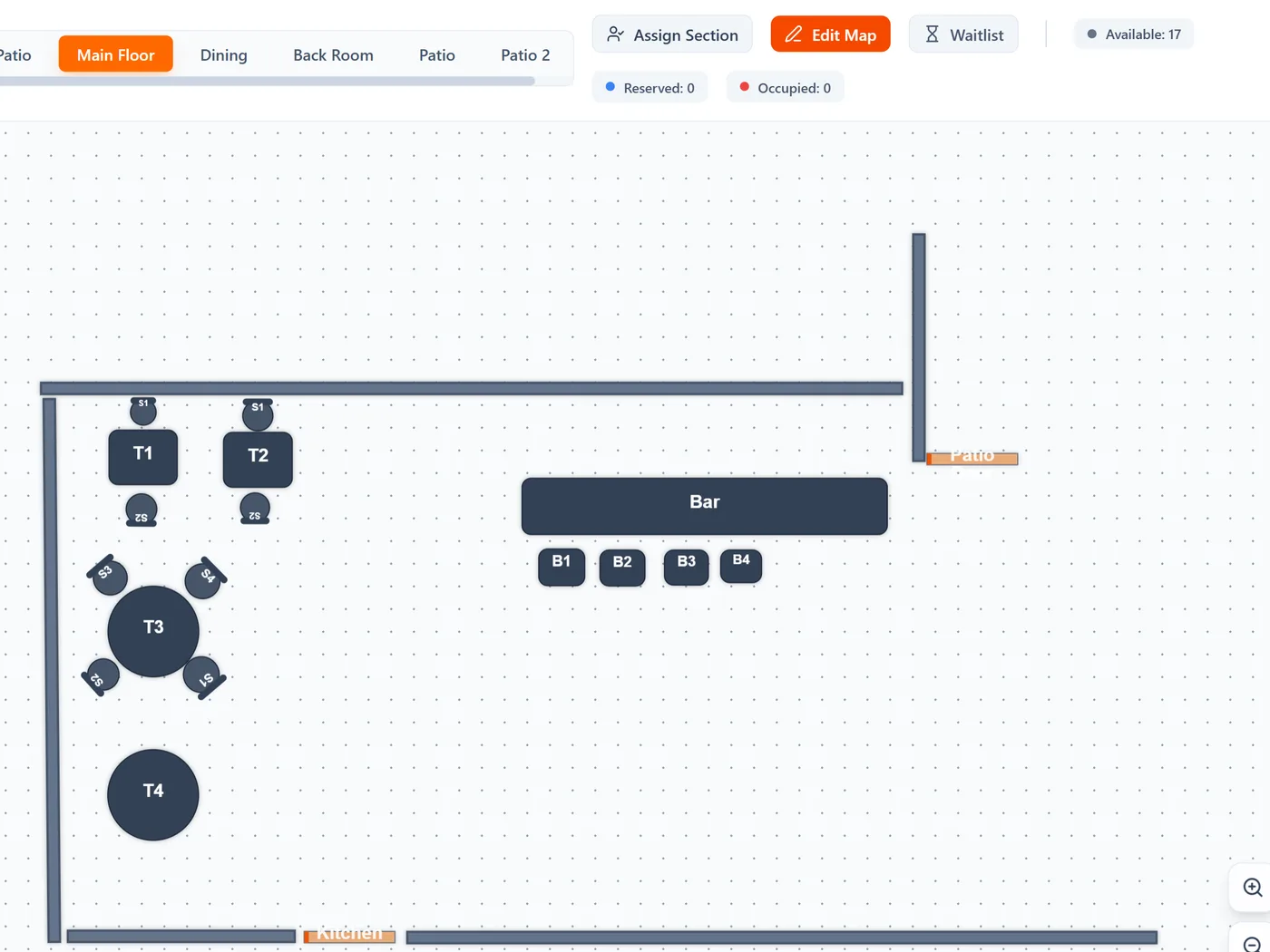 HubPlate floor plan showing dining tables, bar seats, and live table availability